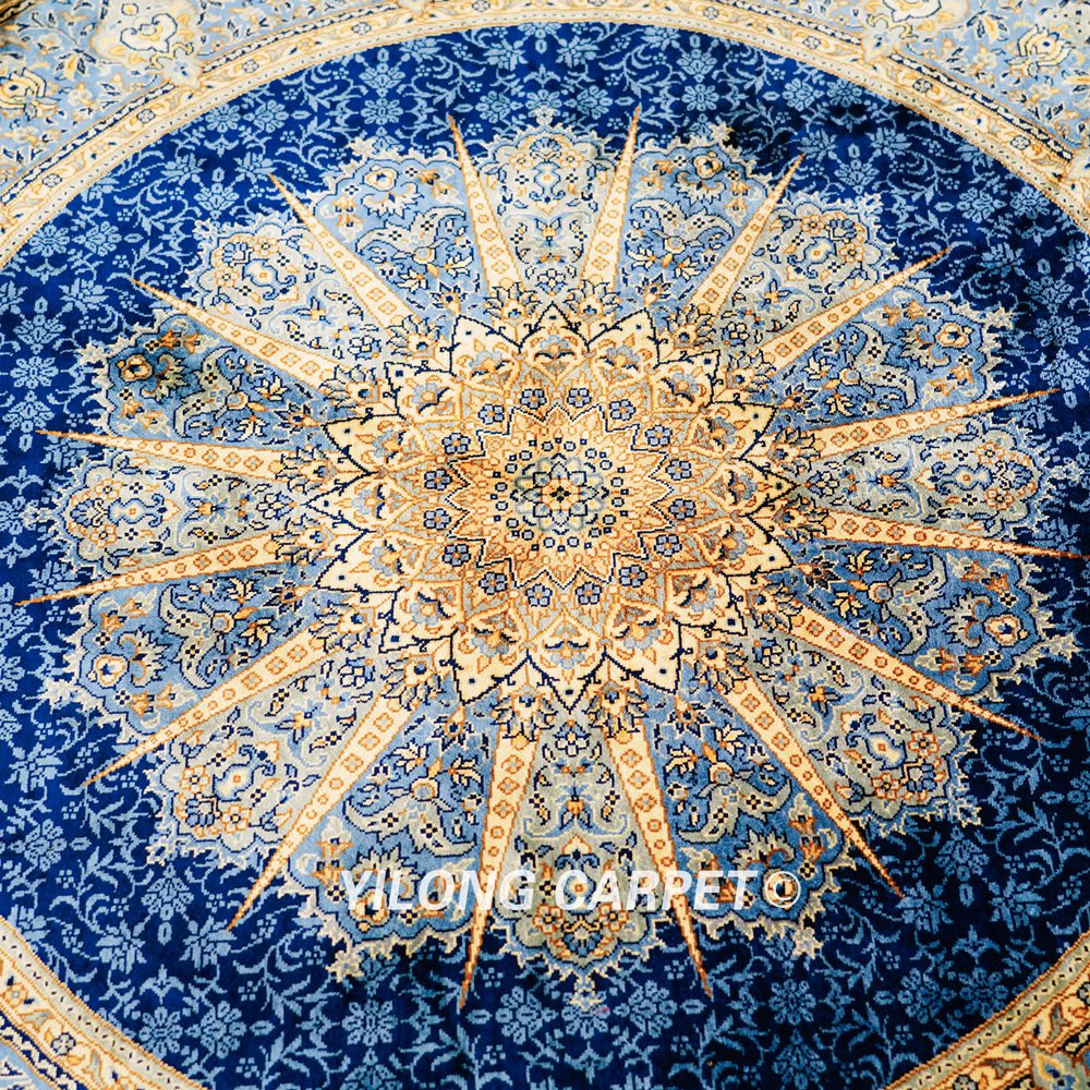 Blue Handmade Rug Silk Turkish Villa Round Carpet 4x4ft - Image 4