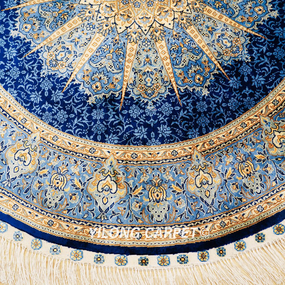 Blue Handmade Rug Silk Turkish Villa Round Carpet 4x4ft - Image 5