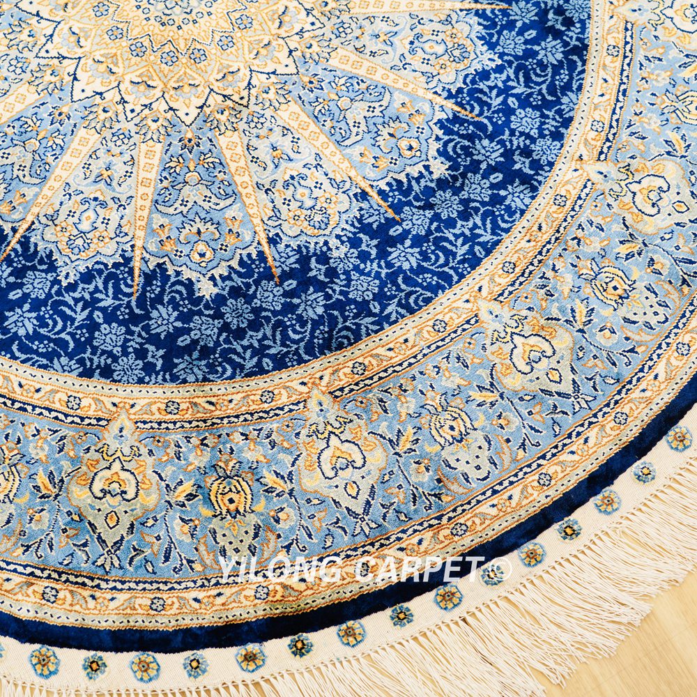 Blue Handmade Rug Silk Turkish Villa Round Carpet 4x4ft - Image 6
