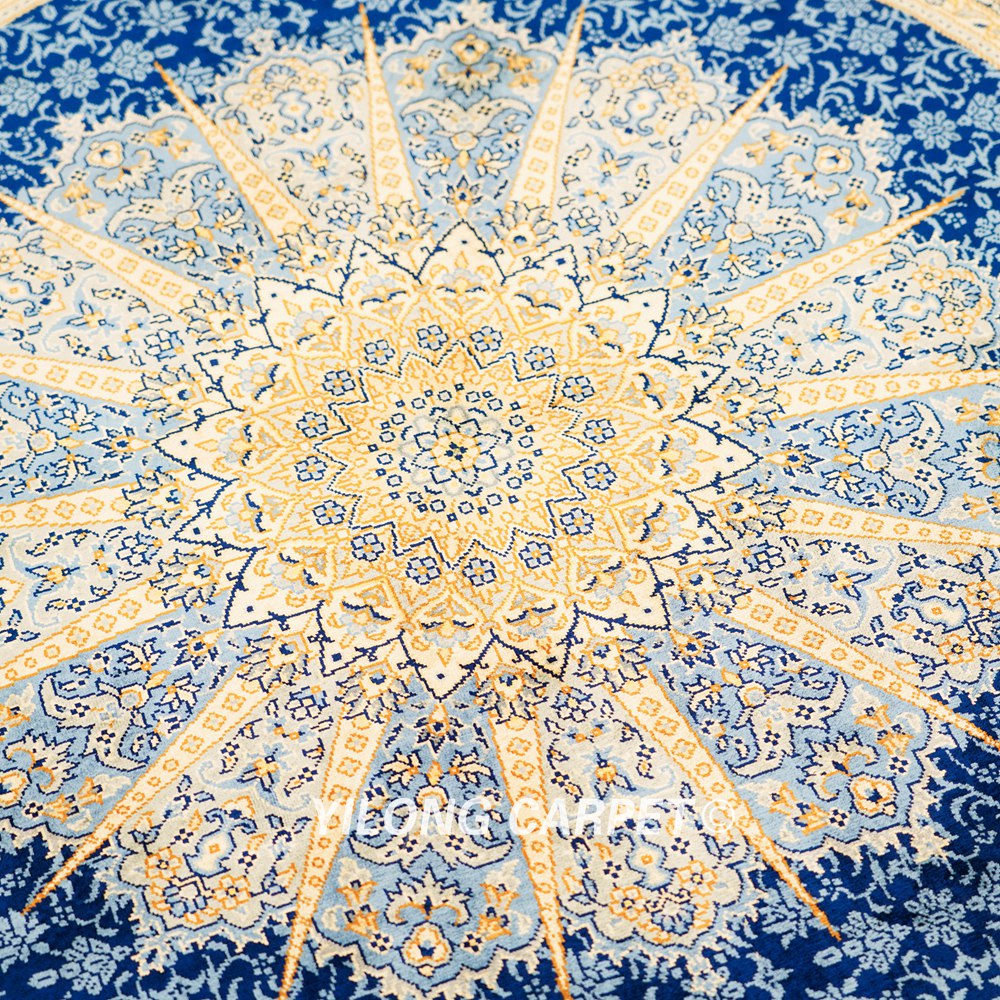 Blue Handmade Rug Silk Turkish Villa Round Carpet 4x4ft - Image 7
