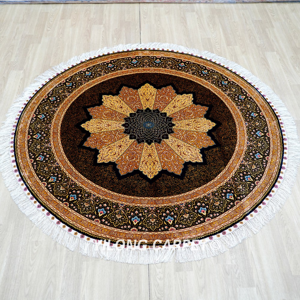 Golden Turkish Silk Rug Hand-knotted Round Villa Carpet 6x6ft - Image 3