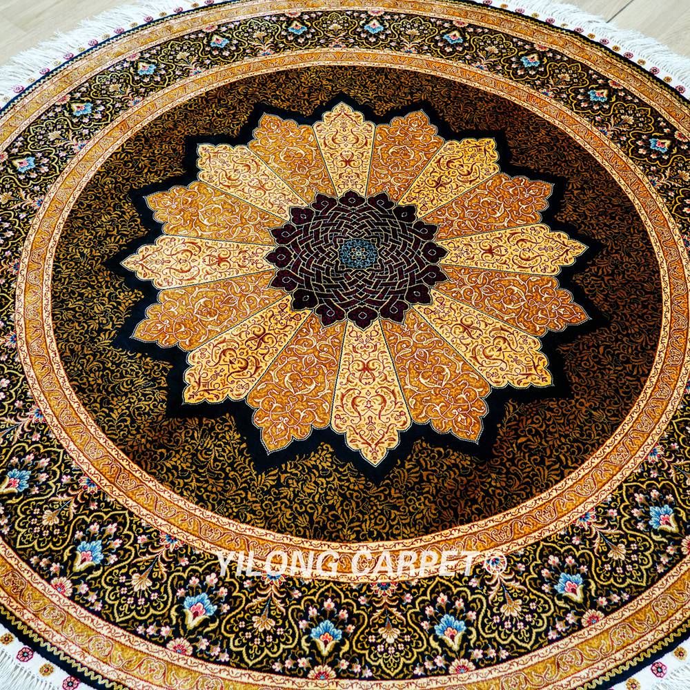 Golden Turkish Silk Rug Hand-knotted Round Villa Carpet 6x6ft - Image 4