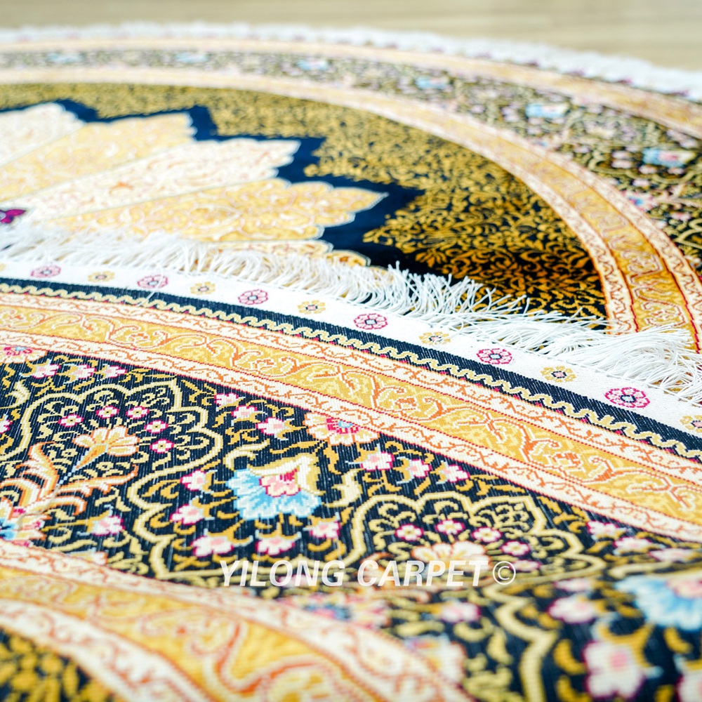 Golden Turkish Silk Rug Hand-knotted Round Villa Carpet 6x6ft - Image 8