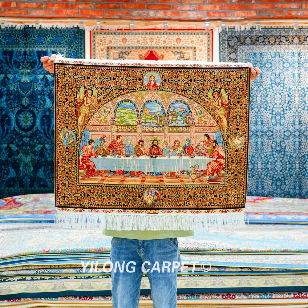 Last Supper Design Handmade Silk Small Rug Tapestry 3x2.2ft