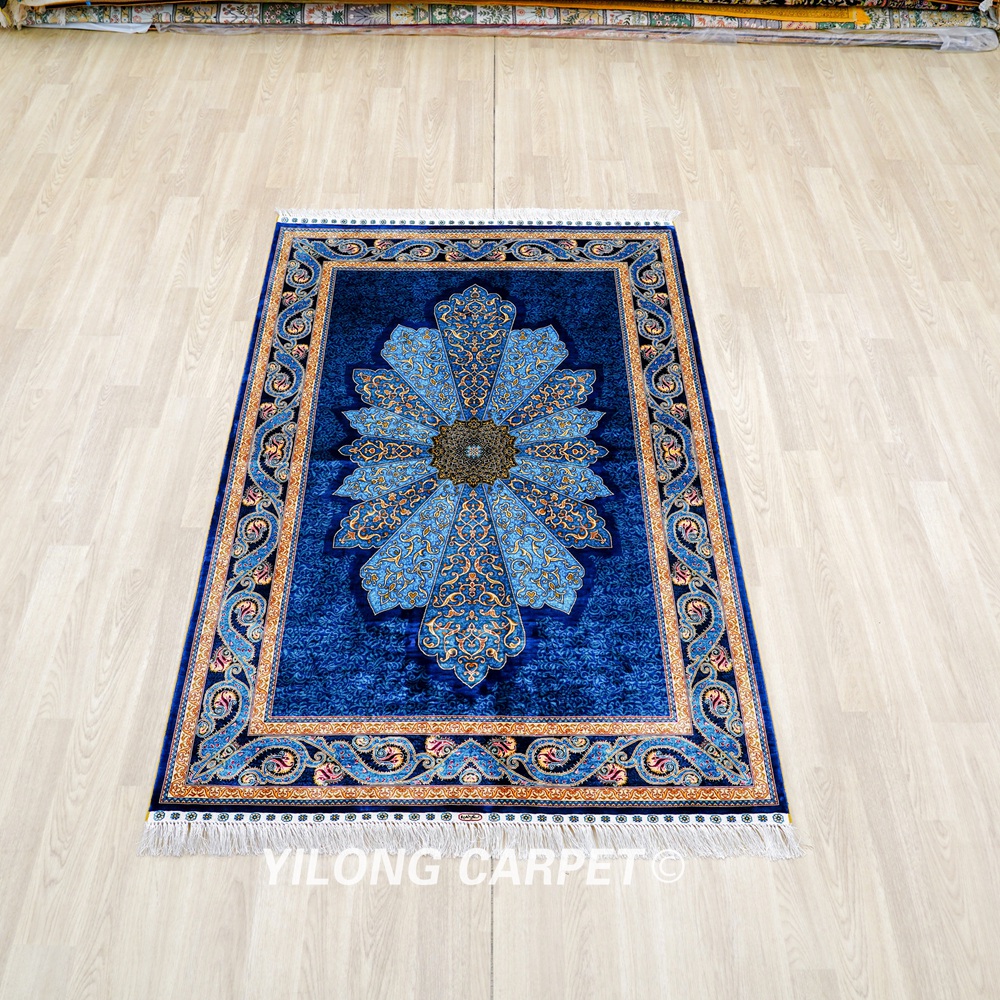 Turkish Blue Handmade Area Silk Rug 4x6ft - Image 3