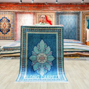 Blue Silk Rug Turkish Handmade Area Silk Rug 4x6ft
