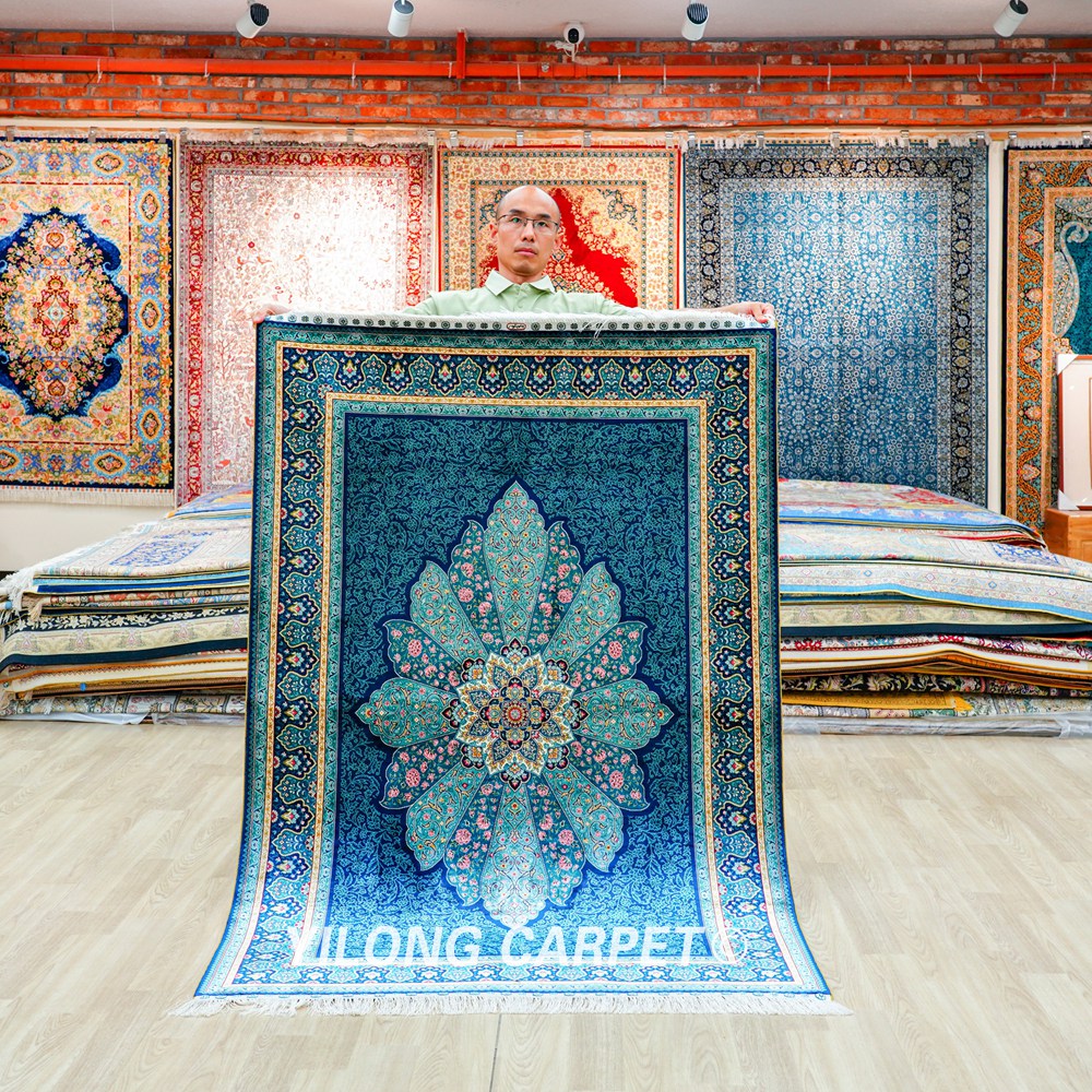 Blue Silk Rug Turkish Handmade Area Silk Rug 4x6ft