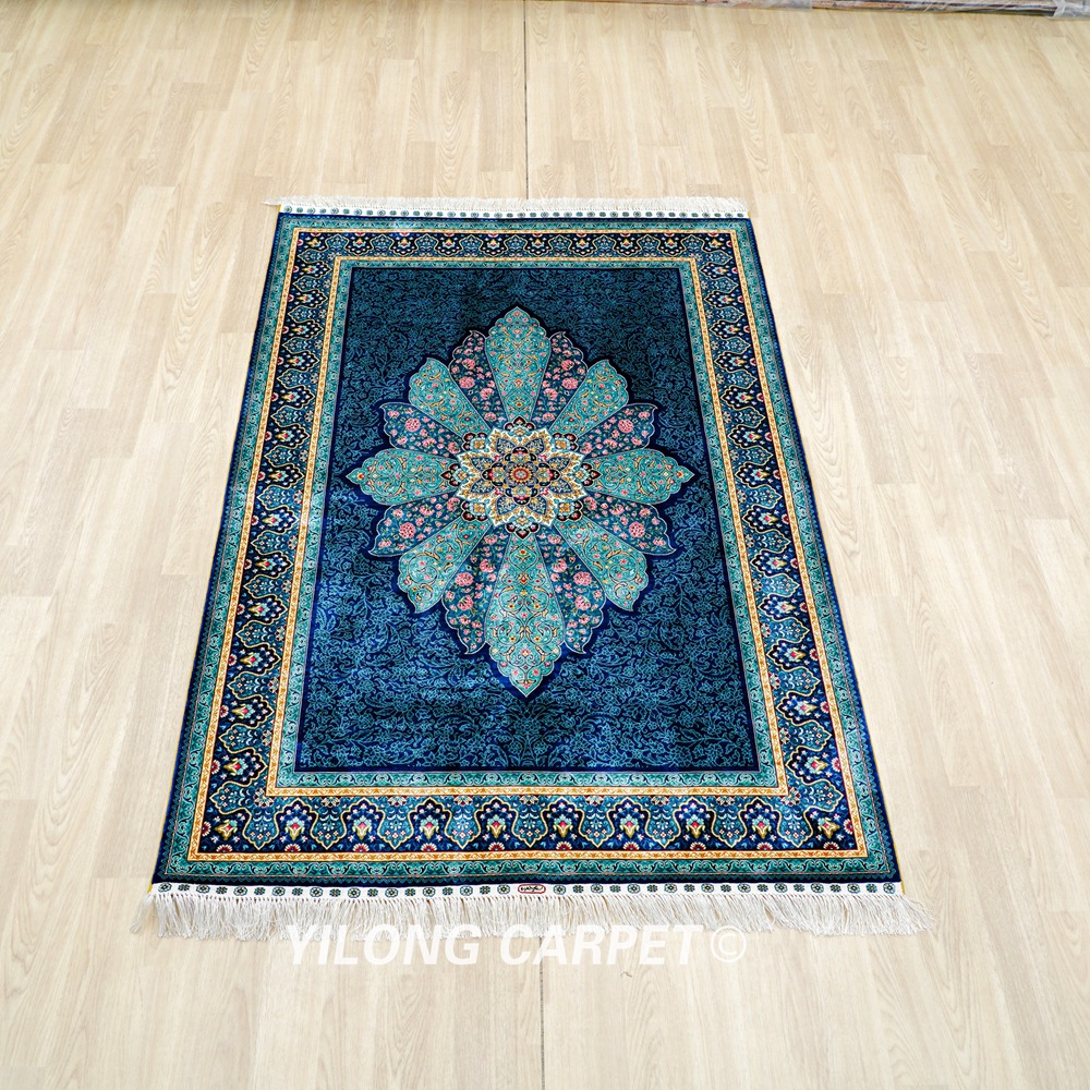 Blue Silk Rug Turkish Handmade Area Silk Rug 4x6ft - Image 3