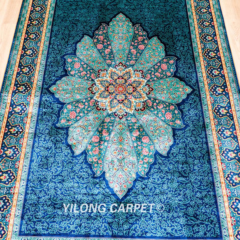 Blue Silk Rug Turkish Handmade Area Silk Rug 4x6ft - Image 4