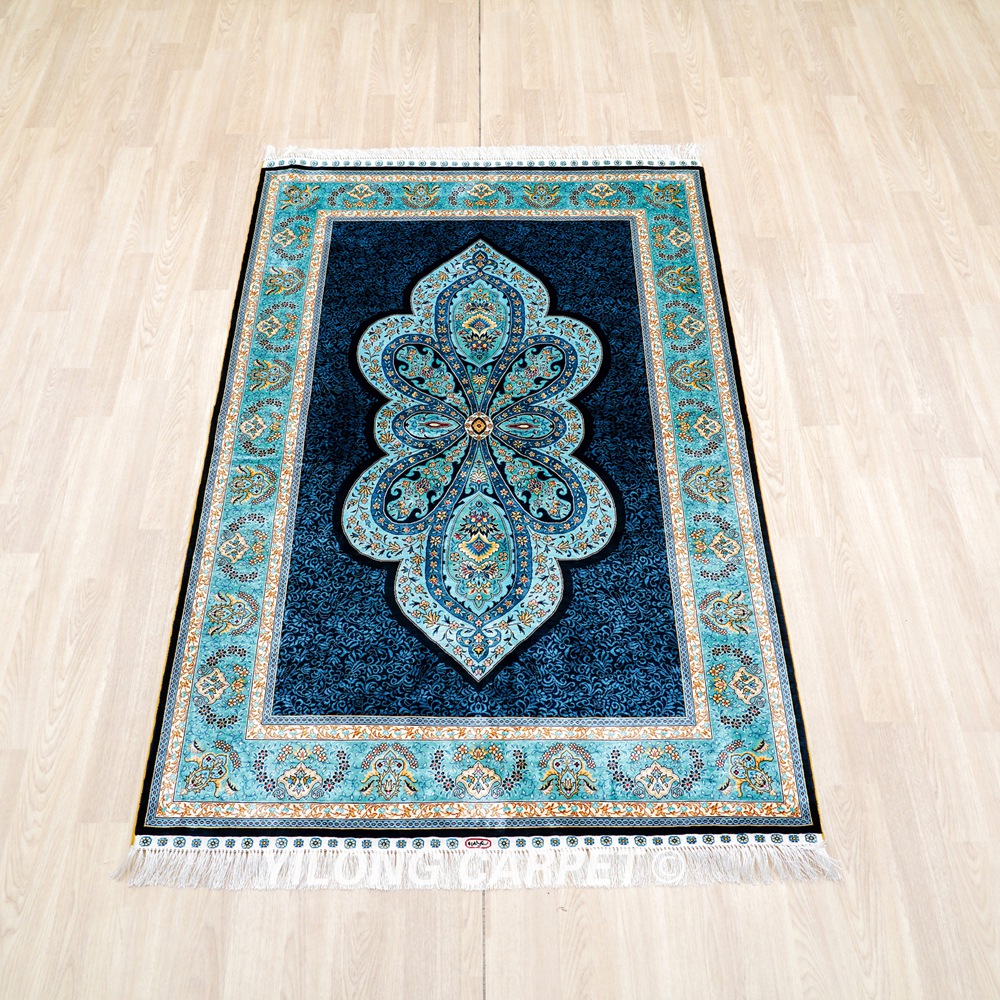 Blue Turkish Handmade Area Silk Rug 4x6ft - Image 3