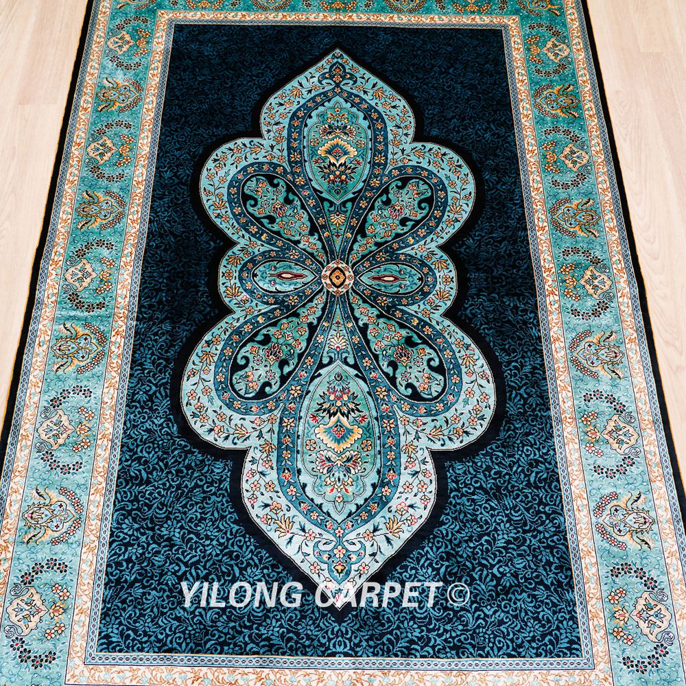 Blue Turkish Handmade Area Silk Rug 4x6ft - Image 4
