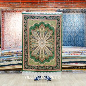 Green Peacock Design Turkish Handmade Silk Small Rug 3x4.5ft