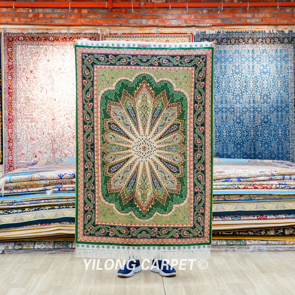 Green Peacock Design Turkish Handmade Silk Small Rug 3x4.5ft