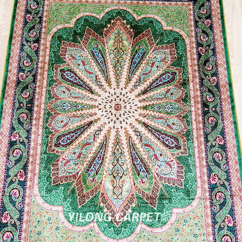 Green Peacock Design Turkish Handmade Silk Small Rug 3x4.5ft - Image 4