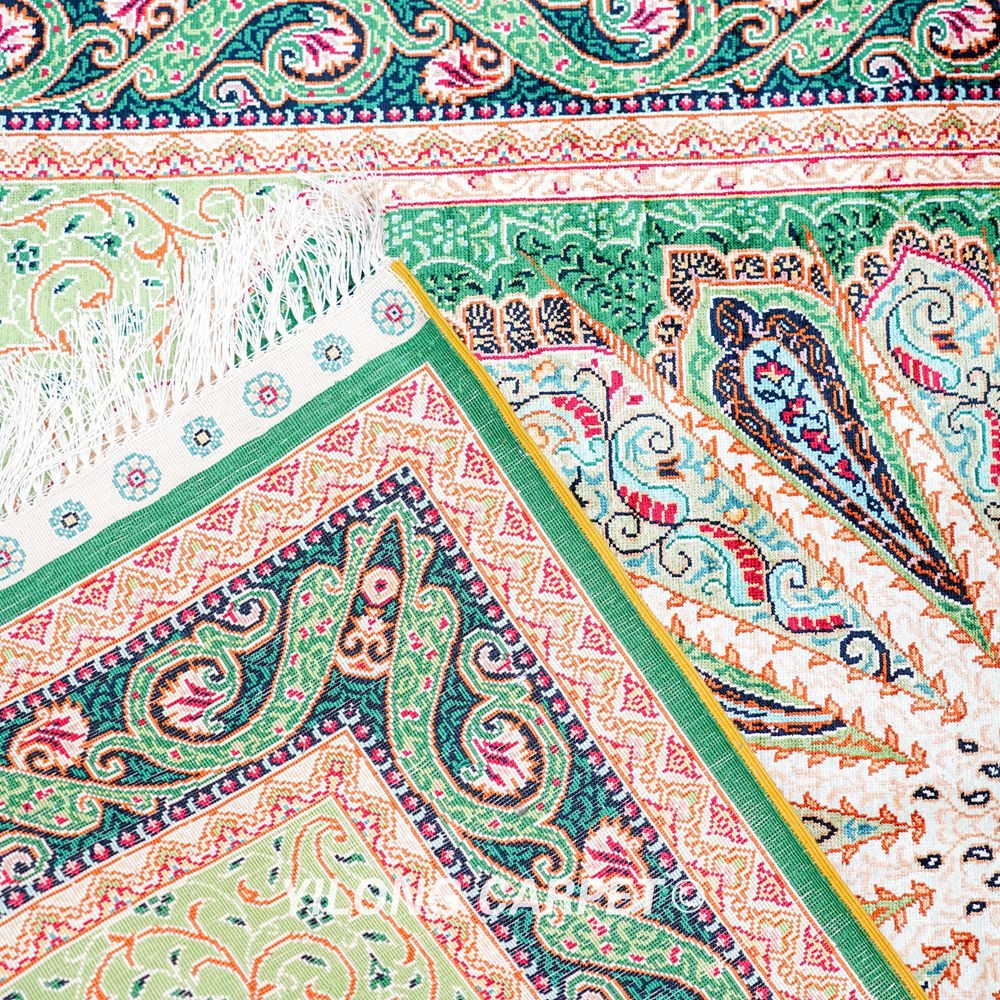 Green Peacock Design Turkish Handmade Silk Small Rug 3x4.5ft - Image 9