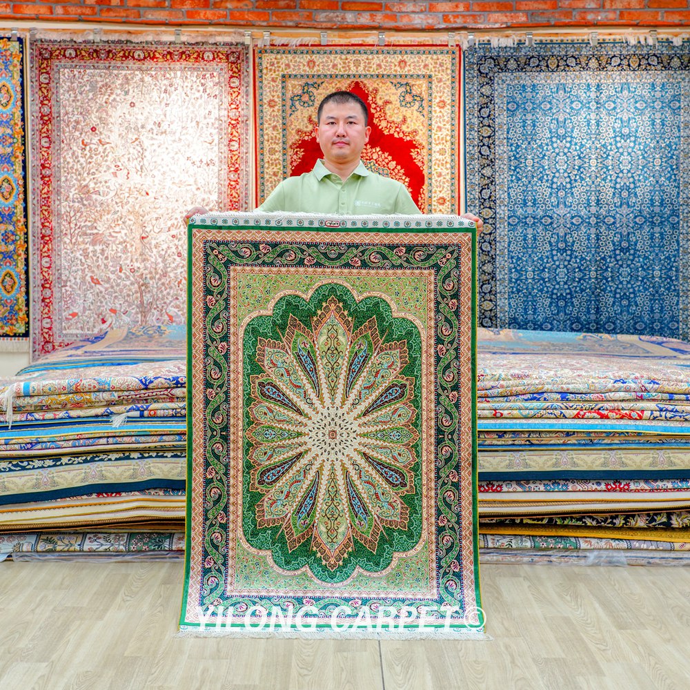 Green Peacock Design Turkish Handmade Area Silk Rug 4x6ft