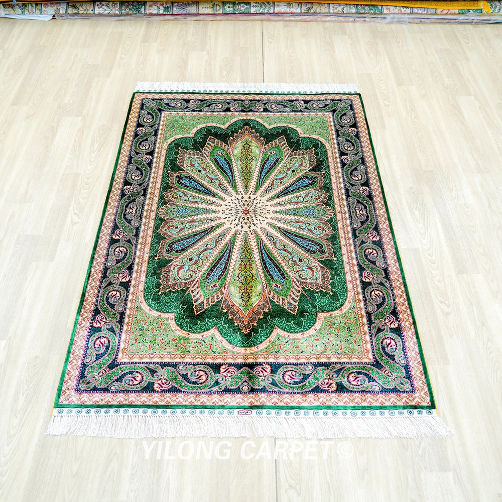 Green Peacock Design Turkish Handmade Area Silk Rug 4x6ft - Image 3