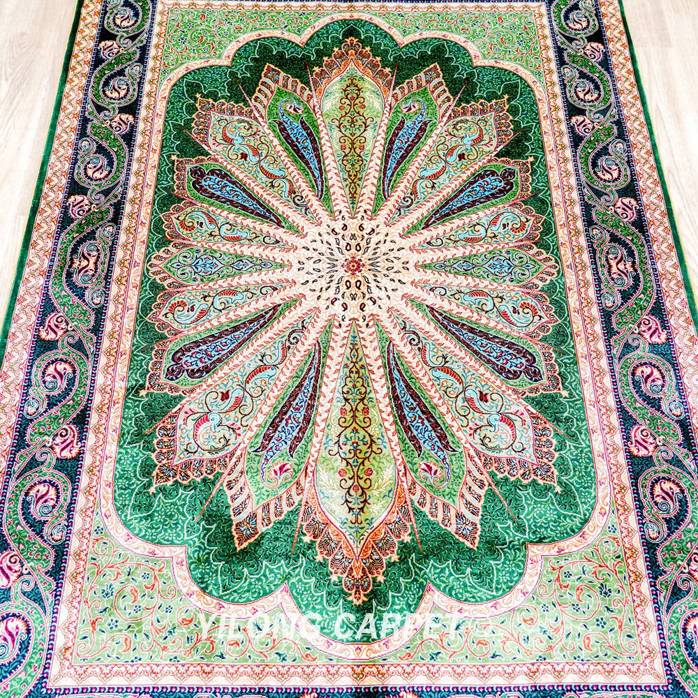 Green Peacock Design Turkish Handmade Area Silk Rug 4x6ft - Image 4