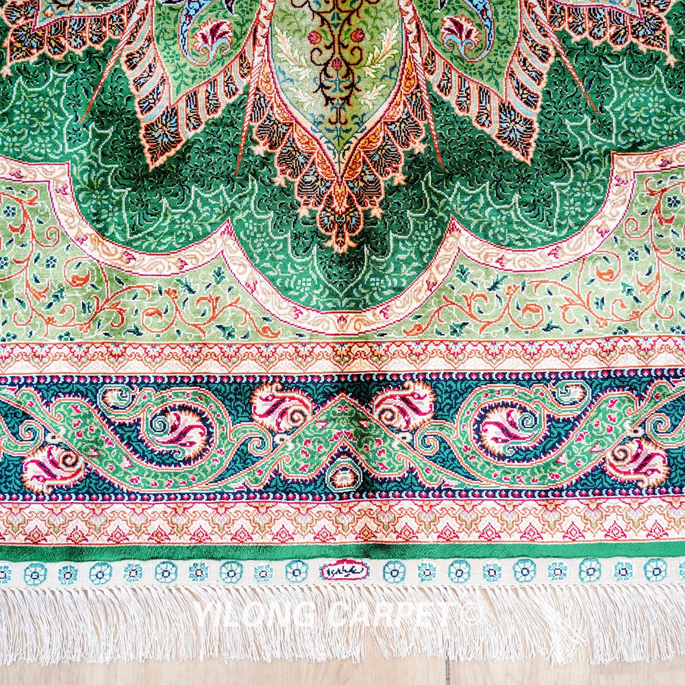 Green Peacock Design Turkish Handmade Area Silk Rug 4x6ft - Image 5
