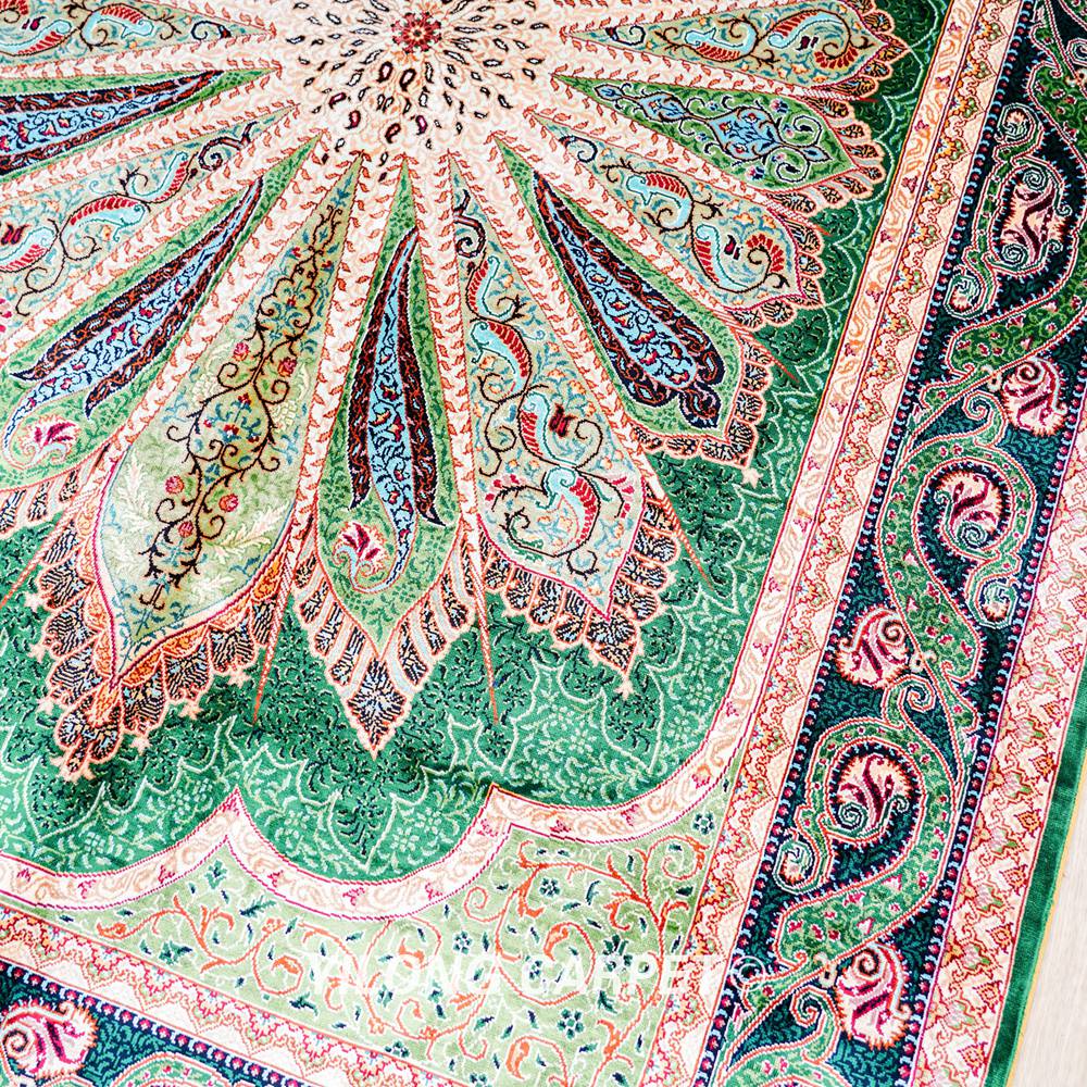 Green Peacock Design Turkish Handmade Area Silk Rug 4x6ft - Image 6