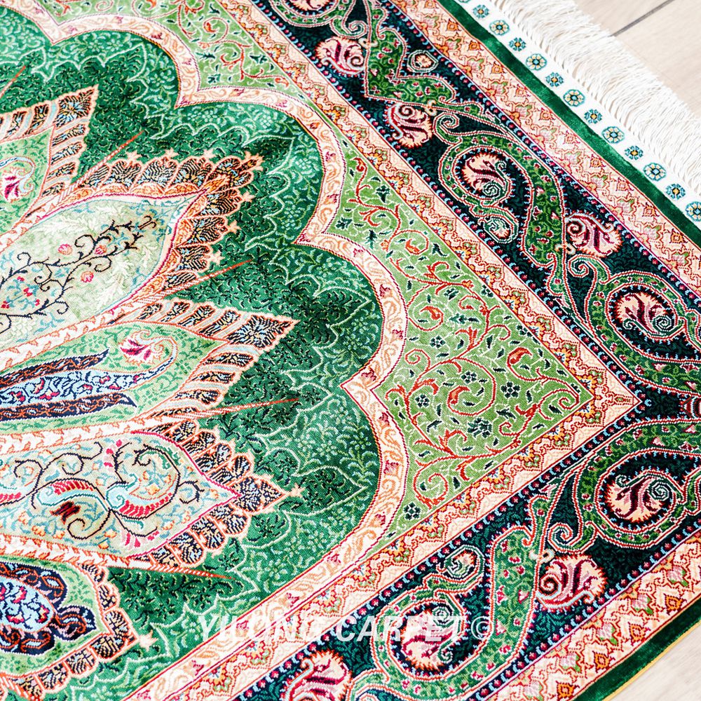 Green Peacock Design Turkish Handmade Area Silk Rug 4x6ft - Image 7