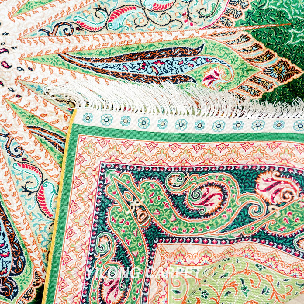 Green Peacock Design Turkish Handmade Area Silk Rug 4x6ft - Image 8