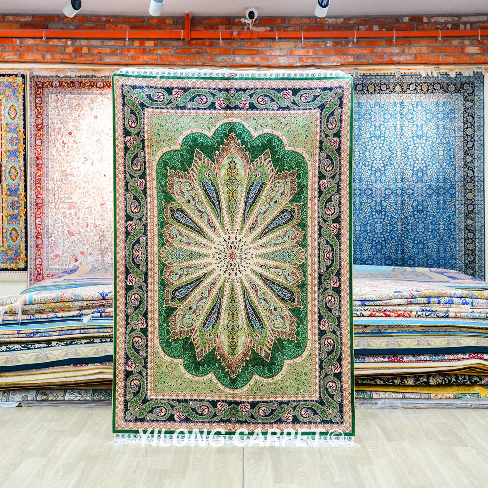 Green Peacock Design Turkish Handmade Area Silk Rug 4x6ft - Image 9