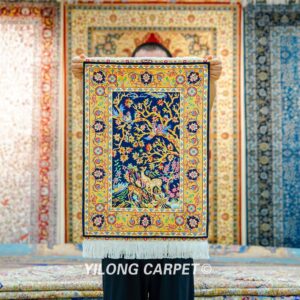 Tree of Life Design Persian Rug Oriental Hand Knotted Silk Small Rug 1.4x2ft