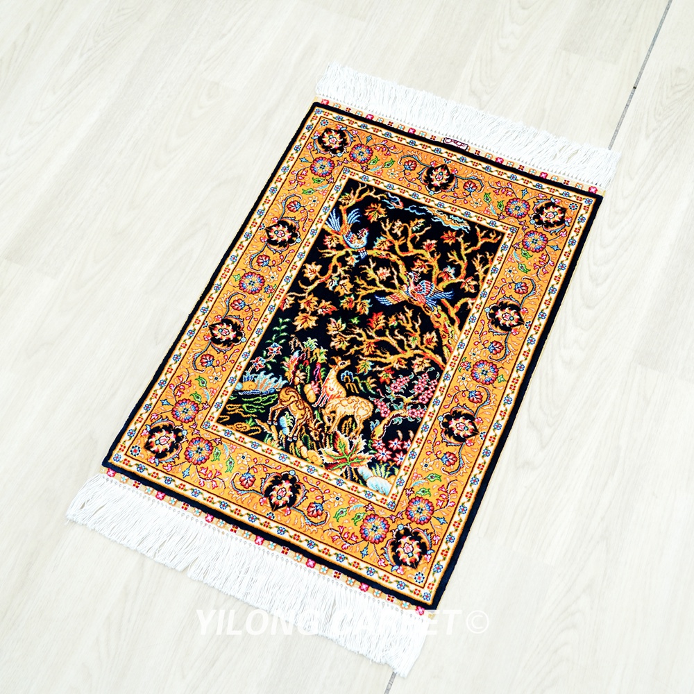 Tree of Life Design Persian Rug Oriental Hand Knotted Silk Small Rug 1.4x2ft - Image 6