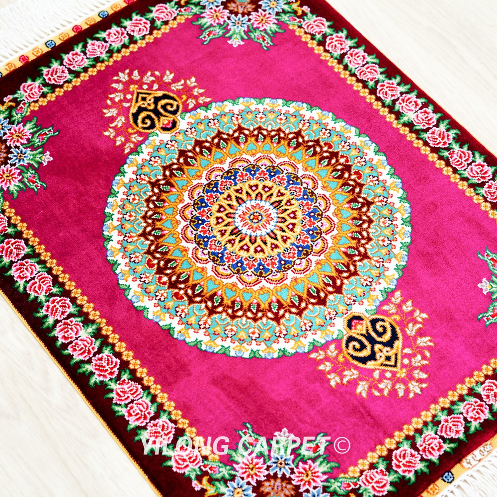Persian Rug Peach Medallion Oriental Hand Knotted Silk Rug 1.5x2ft - Image 5