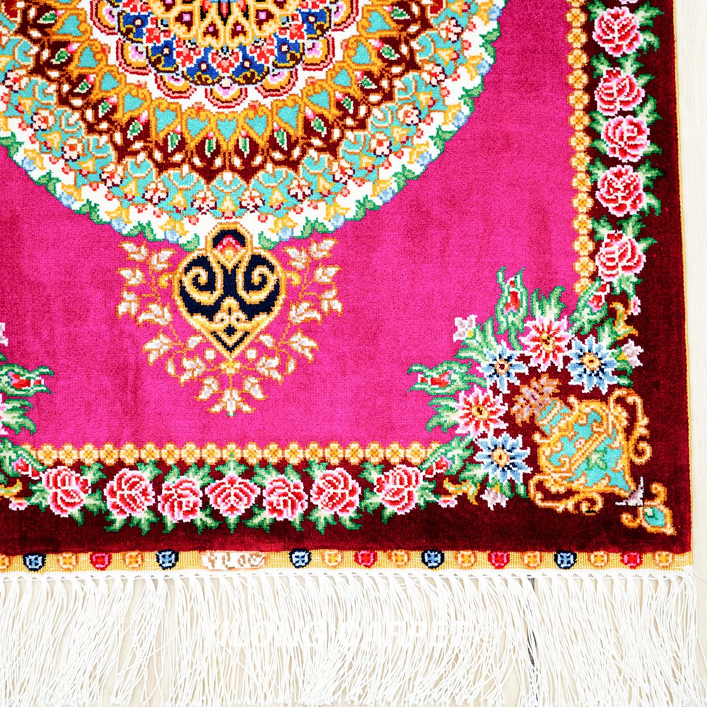 Persian Rug Peach Medallion Oriental Hand Knotted Silk Rug 1.5x2ft - Image 6