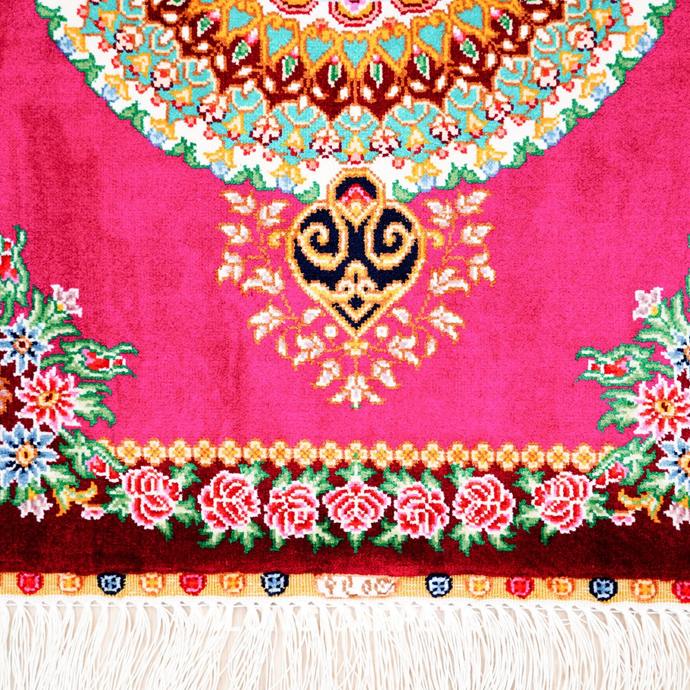 Persian Rug Peach Medallion Oriental Hand Knotted Silk Rug 1.5x2ft - Image 8