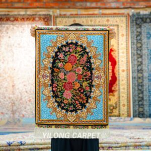 Persian Rug Flower Oriental Hand Knotted Silk Rug 1.5x2ft