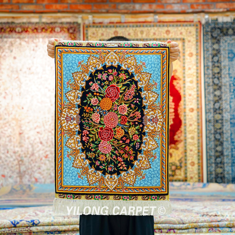 Persian Rug Flower Oriental Hand Knotted Silk Rug 1.5x2ft