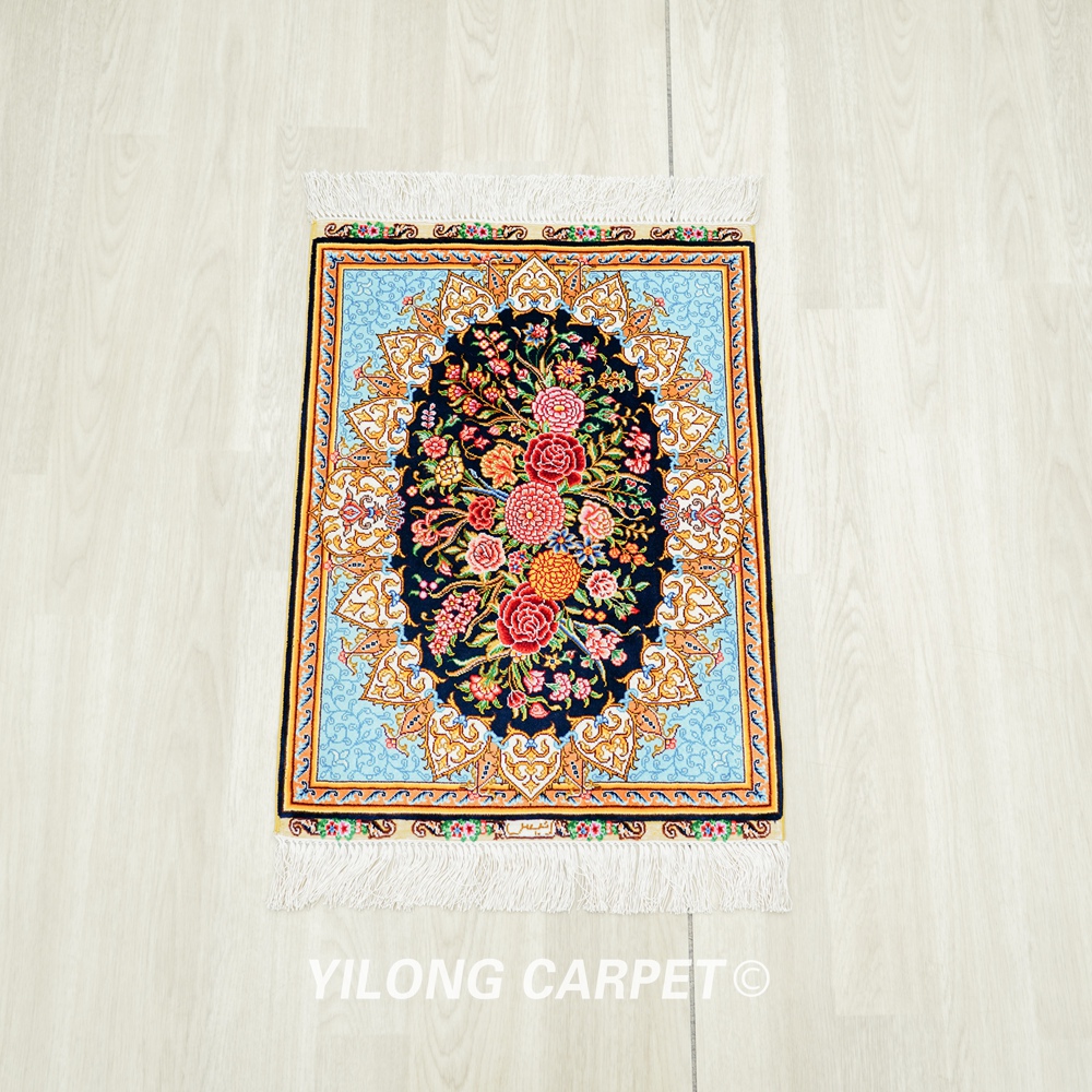 Persian Rug Flower Oriental Hand Knotted Silk Rug 1.5x2ft - Image 3