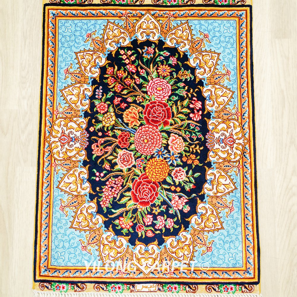 Persian Rug Flower Oriental Hand Knotted Silk Rug 1.5x2ft - Image 4