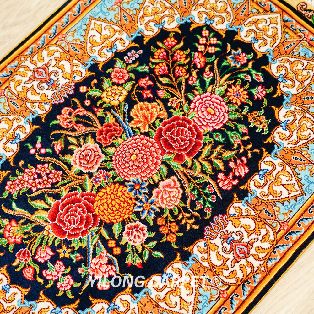 Persian Rug Flower Oriental Hand Knotted Silk Rug 1.5x2ft - Image 6