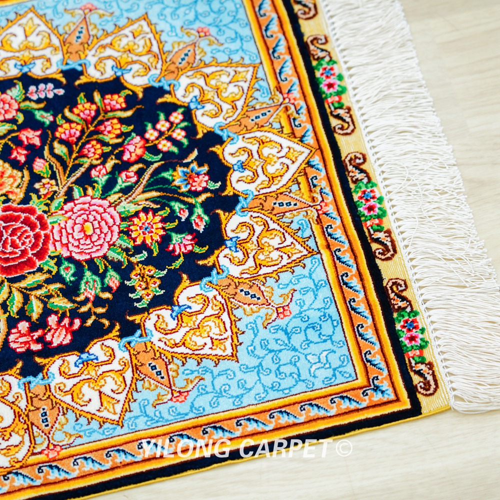 Persian Rug Flower Oriental Hand Knotted Silk Rug 1.5x2ft - Image 8
