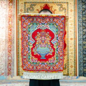 Persian Rug Red Flower Oriental Hand Knotted Silk Rug 1.5x2ft
