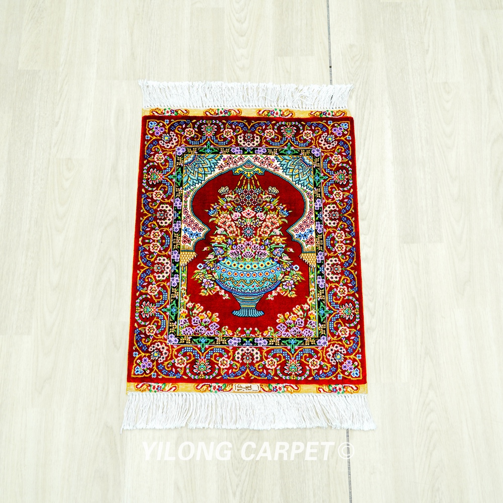 Persian Rug Red Flower Oriental Hand Knotted Silk Rug 1.5x2ft - Image 3