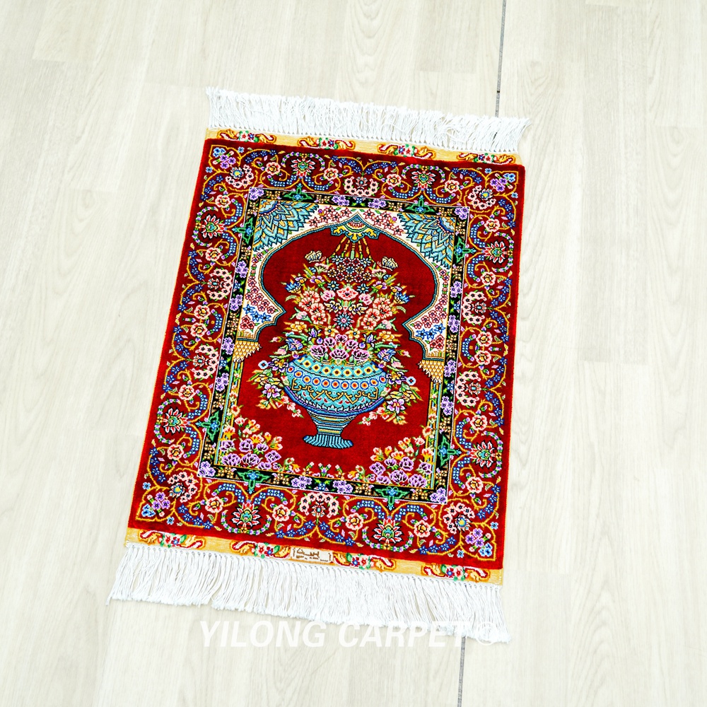 Persian Rug Red Flower Oriental Hand Knotted Silk Rug 1.5x2ft - Image 4