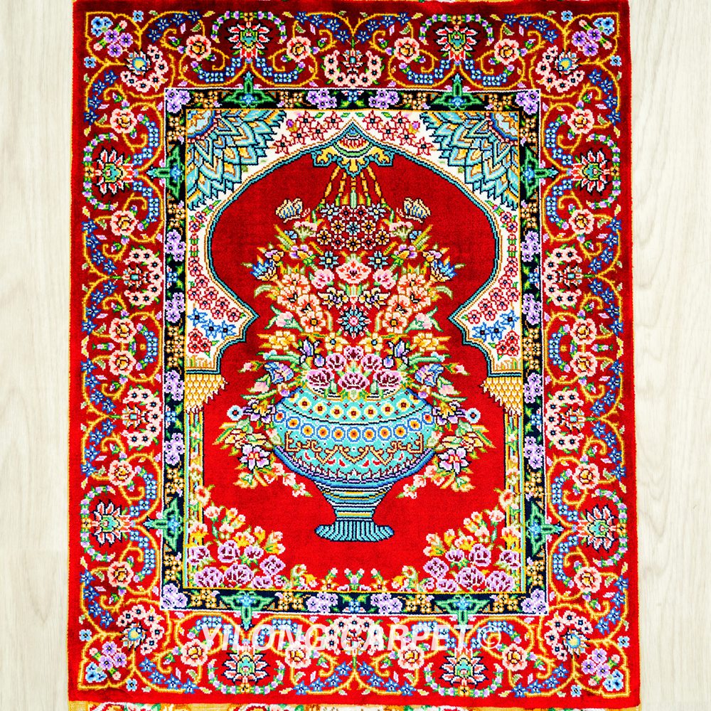 Persian Rug Red Flower Oriental Hand Knotted Silk Rug 1.5x2ft - Image 5