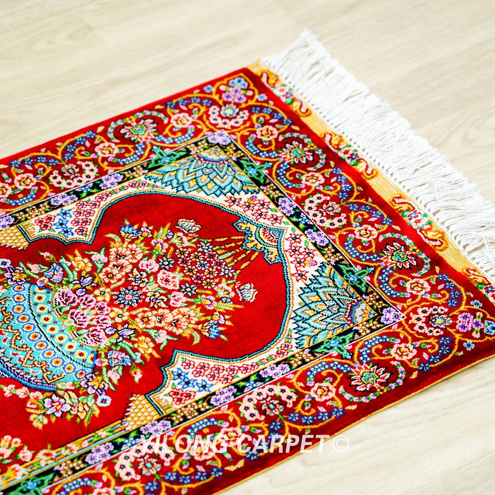 Persian Rug Red Flower Oriental Hand Knotted Silk Rug 1.5x2ft - Image 6