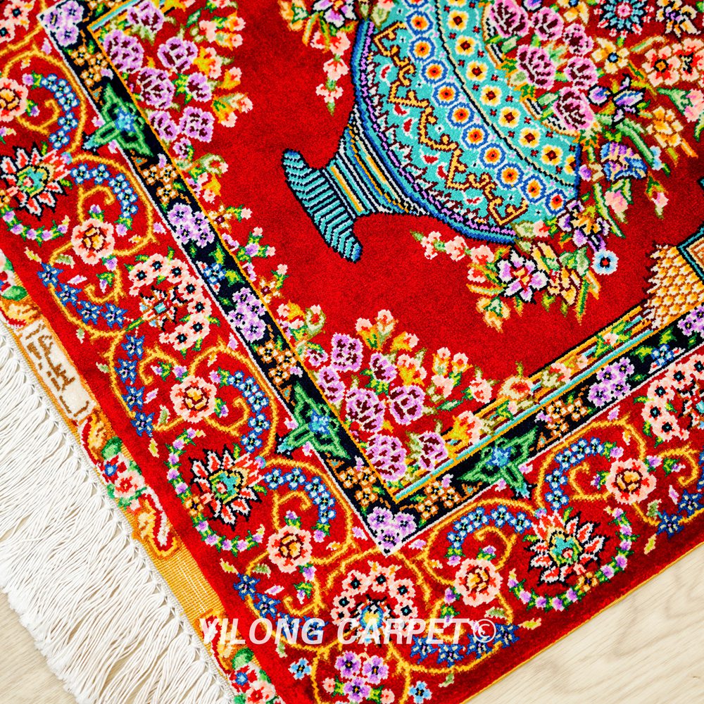 Persian Rug Red Flower Oriental Hand Knotted Silk Rug 1.5x2ft - Image 7
