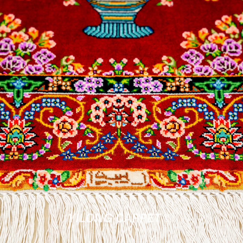 Persian Rug Red Flower Oriental Hand Knotted Silk Rug 1.5x2ft - Image 8