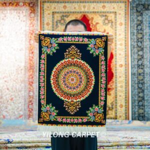 Persian Rug Medallion Design Black Oriental Handmade Silk Rug 1.5x2ft