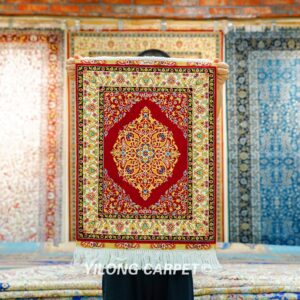 Red Persian Rug Oriental Hand Knotted Silk Rug 1.5x2ft