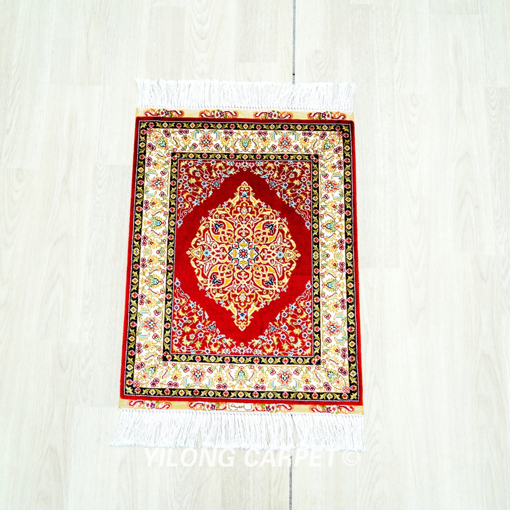 Red Persian Rug Oriental Hand Knotted Silk Rug 1.5x2ft - Image 3