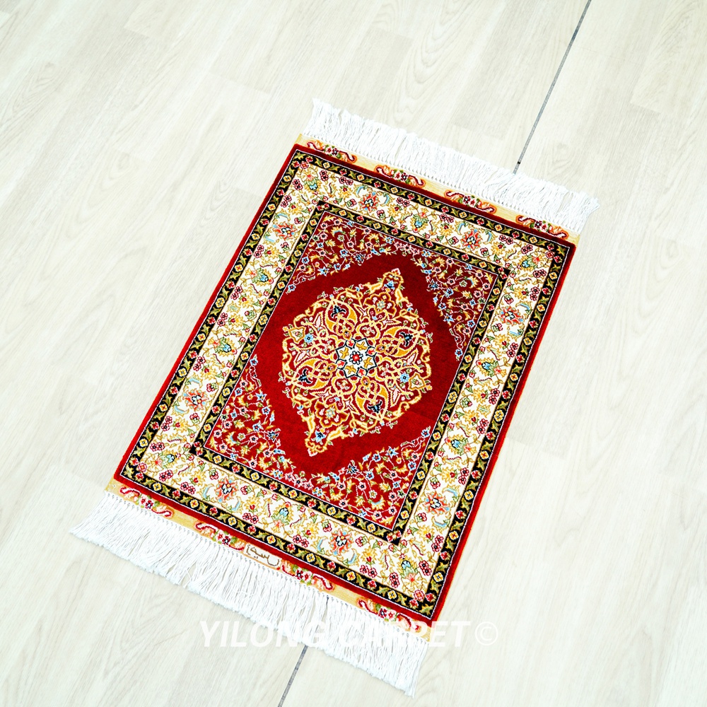 Red Persian Rug Oriental Hand Knotted Silk Rug 1.5x2ft - Image 4