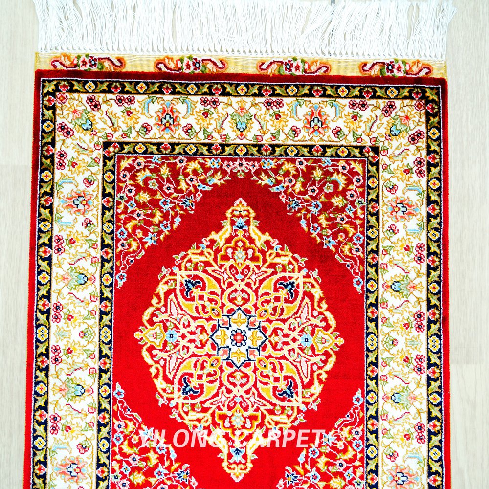 Red Persian Rug Oriental Hand Knotted Silk Rug 1.5x2ft - Image 5